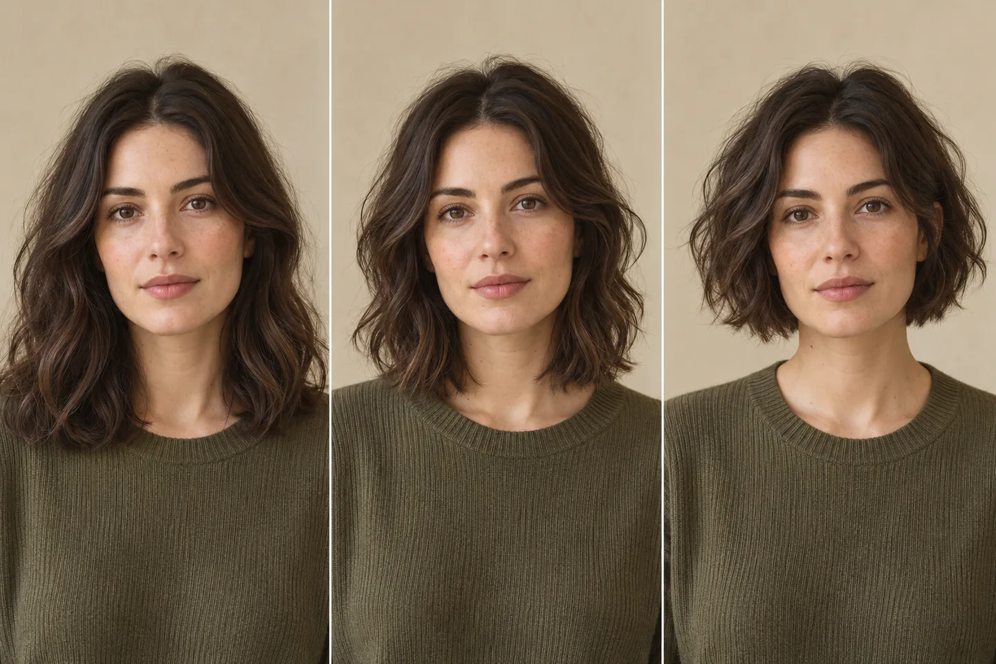 AI-generated fictional comparison of shoulder-length waves, collarbone layers and a chin-length bob on one person; a discussion aid, not a guaranteed haircut result.