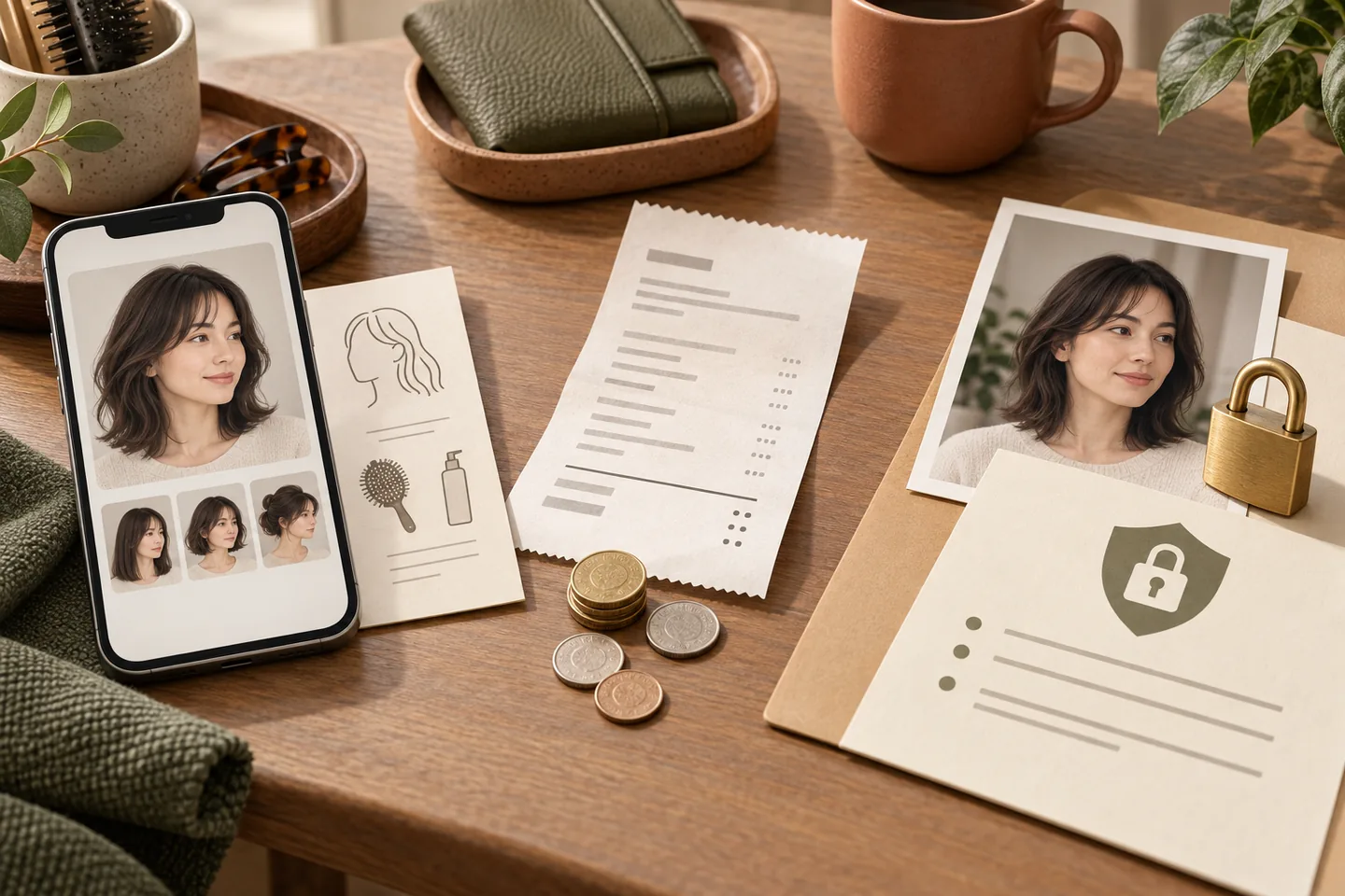 AI-generated fictional illustration of three checks when comparing styling tools: the result, full cost and photo privacy; no real app, price or policy is shown.