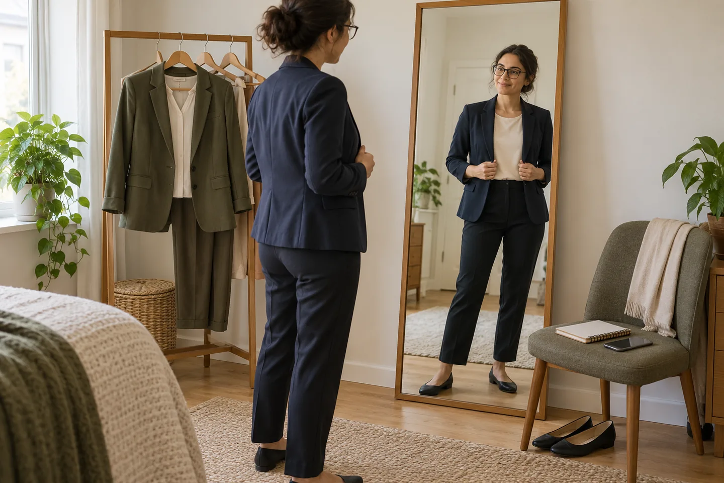 AI-generated fictional scene of an interview outfit rehearsal: compare clothes you own and test the complete look before the day.