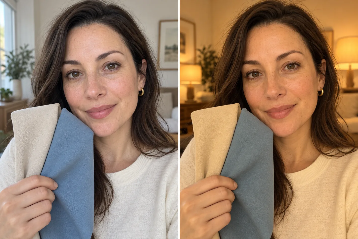 AI-generated fictional lighting comparison: the same person and fabric colors appear different in neutral daylight and warm indoor light; not a color-season diagnosis.