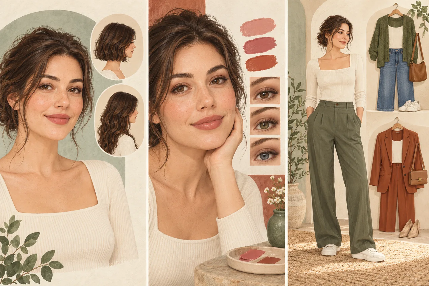 Illustrative AI-generated styling preview comparing hair, makeup, and outfit harmony