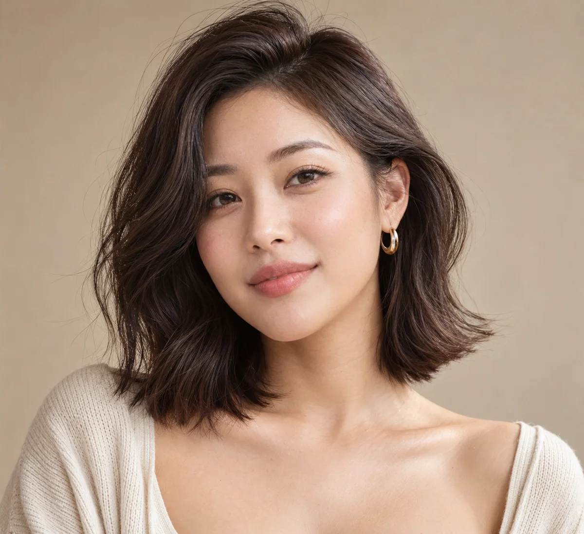 Illustrative AI-generated styling reference showing a collarbone-length lob with a deep side part for a round face