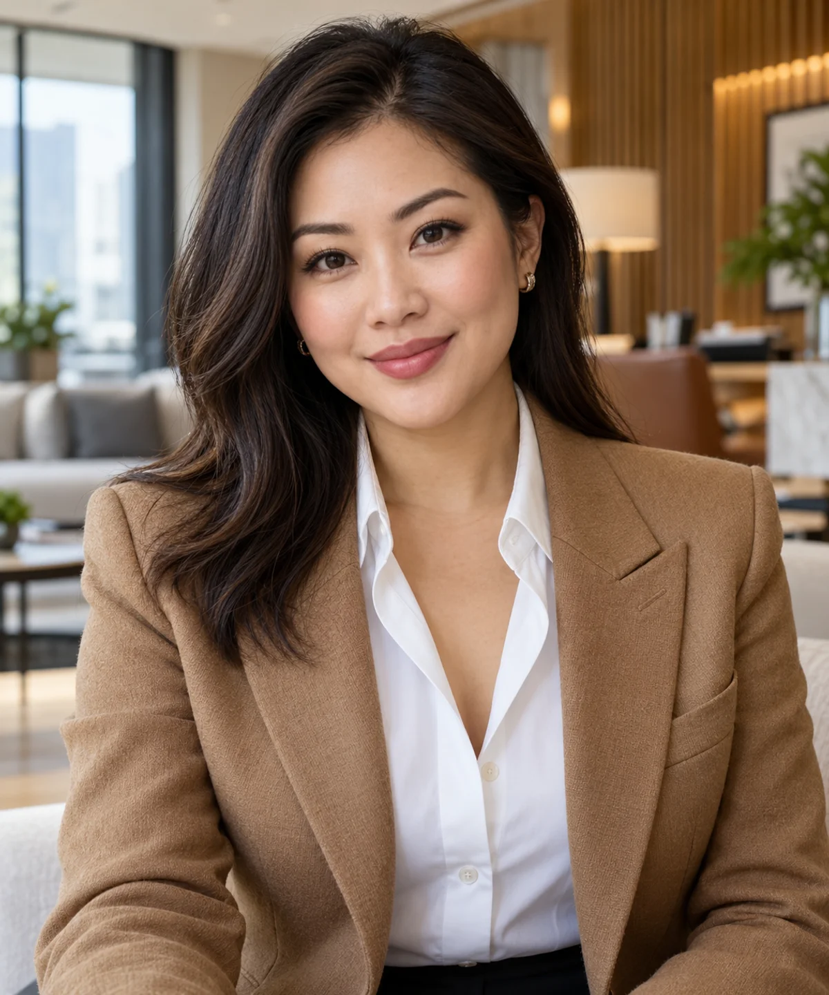 Illustrative AI-generated styling reference showing an open V-neck blouse under a structured blazer