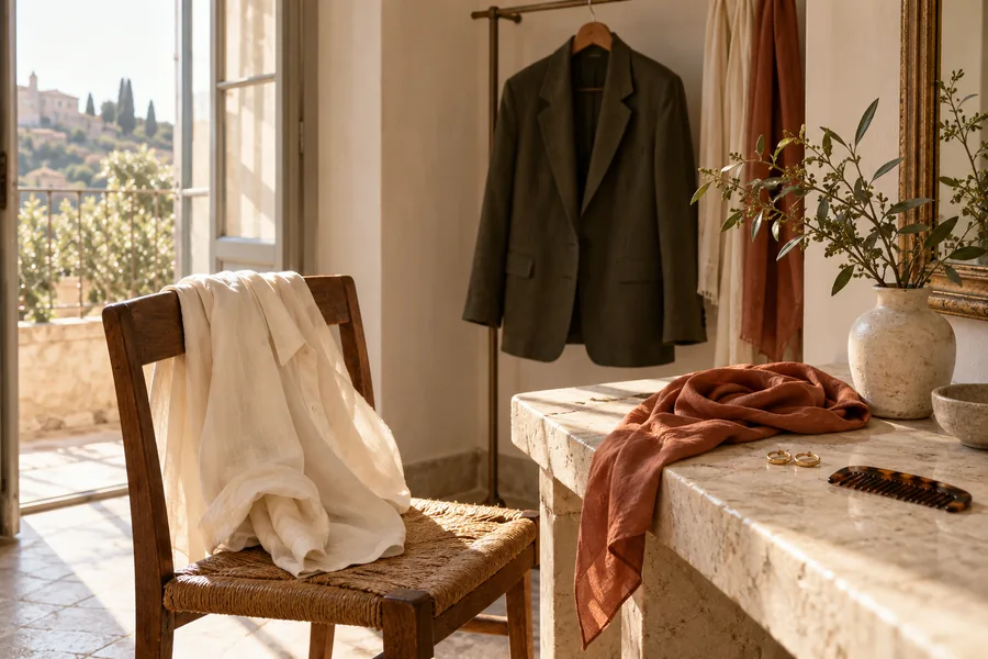 Ivory linen, olive tailoring and terracotta accessories in warm natural light